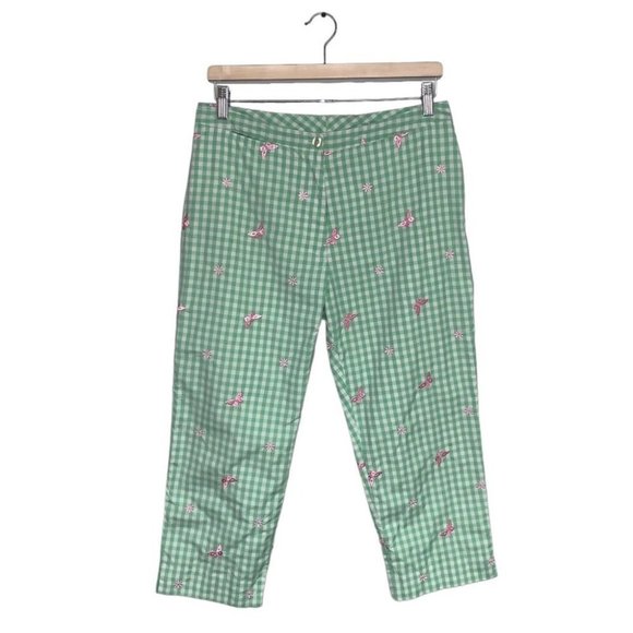 Lilly Pulitzer Vintage Gingham Hi-Rise Crop Pants Green White Butterfly Size 8 P - Picture 1 of 8